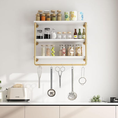 HOMEKAYT 24" Industrial Pipe Shelving, Floating Wall Shelves 3 Tier Gold Shelves with Haning Rod Multiple Use for Kitchen, Bedroom,Living Room,Bathroom