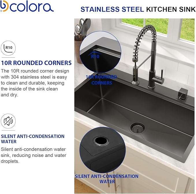 Dcolora 33x19 Black Kitchen Sink Drop In with Workstation Handed-Welding 16 Gauge 304 Stainless Steel Nano Coating Large Single Bowl Drop In Sink Top Mount 33”x19”x10” Matte Black,DC-TBW001