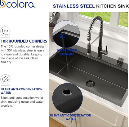 Dcolora 33x19 Black Kitchen Sink Drop In with Workstation Handed-Welding 16 Gauge 304 Stainless Steel Nano Coating Large Single Bowl Drop In Sink Top Mount 33”x19”x10” Matte Black,DC-TBW001
