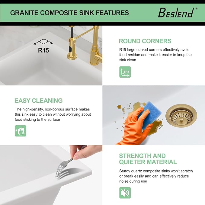 33 Granite Composite Kitchen Sink - Beslend 33x22 Inch Drop In Granite Kitchen Sink Topmount White Quartz Sinks Classic Above Counter Single Bowl Basin