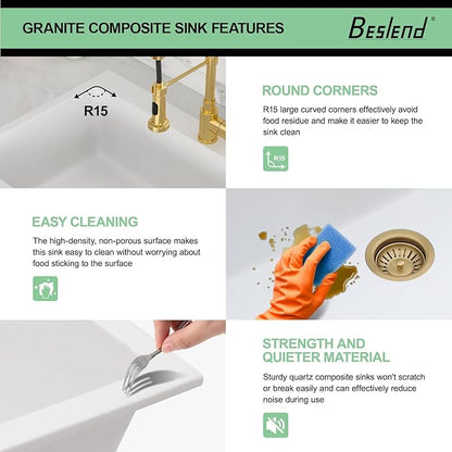 33 Granite Composite Kitchen Sink - Beslend 33x22 Inch Drop In Granite Kitchen Sink Topmount White Quartz Sinks Classic Above Counter Single Bowl Basin
