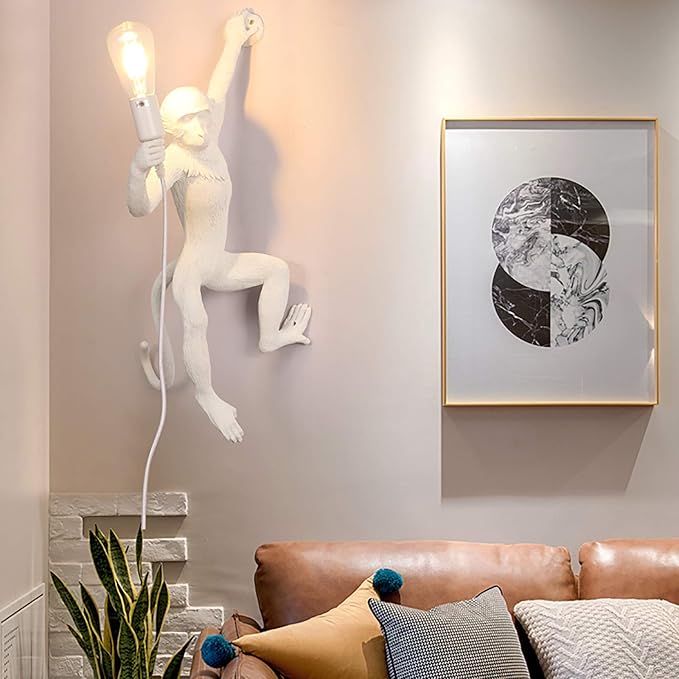 YIYIBYUS Monkey Wall Lamp, Vintage Resin Monkey Form Wall Lamp, Nordic Light Retro Resin Monkey Light Fixture, Modern Wall Lighting E26(Not Included) for Dining Living Room Bedroom (White)