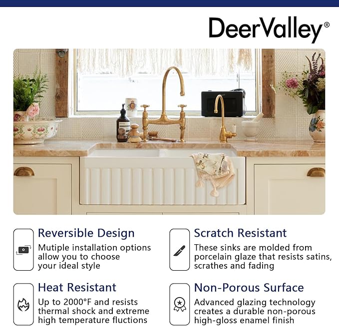 DeerValley Double Bowl Farmhouse Kitchen Sink 33 Inch, Fireclay Farm Sinks, Reversible Apron Front Deep Drop In Kitchen Sinks with Bottom Grid and Strainer