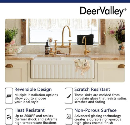 DeerValley Double Bowl Farmhouse Kitchen Sink 33 Inch, Fireclay Farm Sinks, Reversible Apron Front Deep Drop In Kitchen Sinks with Bottom Grid and Strainer