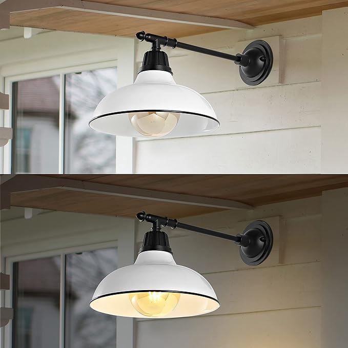 JONATHAN Y 12.25" White/Black 1-Light Industrial Farmhouse Outdoor Sconce, Iron Wall Light with LED Bulb, Metal Bowl Shade, Vintage Porch Lamp for Entryway Patio Kitchen JYL7615A