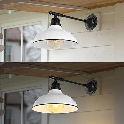 JONATHAN Y 12.25" White/Black 1-Light Industrial Farmhouse Outdoor Sconce, Iron Wall Light with LED Bulb, Metal Bowl Shade, Vintage Porch Lamp for Entryway Patio Kitchen JYL7615A