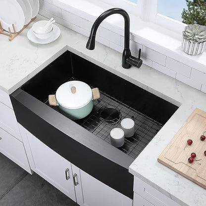 33 inch Black Farmhouse Sink, Modern Single Bowl Stainless Steel Apron Front Farmhouse Kitchen Sink with Dish Grid and Strainer