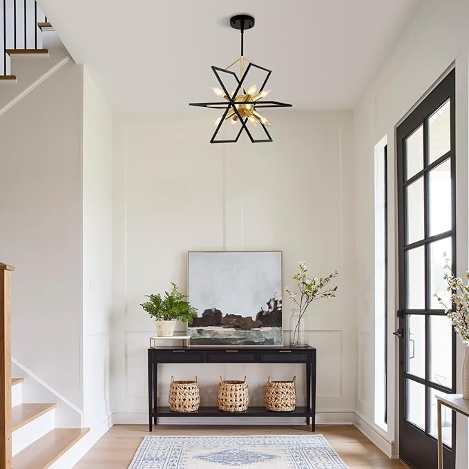 Farmhouse Chandelier,6-Lights Industrial Rustic Dining Room Pendant Light,Adjustable Hanging Candle Light Fixtures for Kitchen Island Living Room Foyer (Black/Gold-8 Lights)