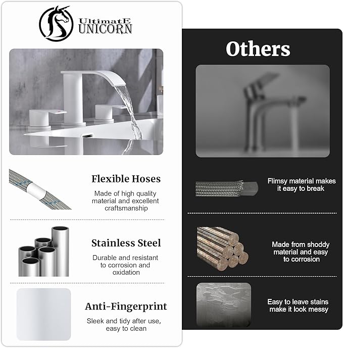 Ultimate Unicorn 8 inch Bathroom Faucet White, Waterfall Bathroom Sink Faucet with Metal Pop-up Drain Stopper and 2 Supply Hoses,2 Handle Widespread Faucets for Vanity Sink 3 Holes