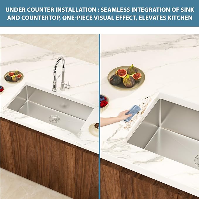 33 Inch Undermount Kitchen Sink Single Bowl 18 Guage Stainless Steel 33"x19"x9" Deep Under Counter Kitchen Sinks Basin R10 Round Corners Handmade Sink