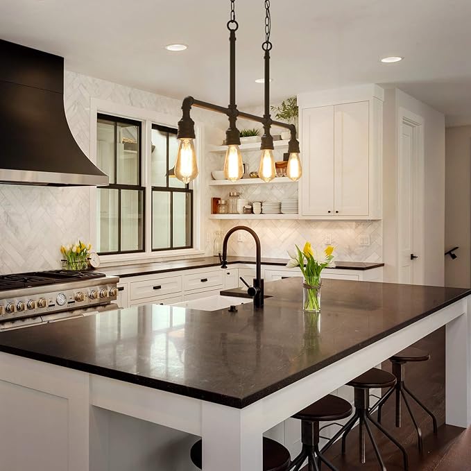 LOG BARN Pendant Lighting for Kitchen Island, 4-Light Farmhouse Industrial Lighting in Black Metal, 44" Linear Dining Room Lighting Fixtures Hanging