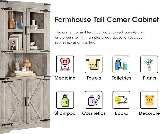 GarveeHome Tall Corner Cabinet, Farmhouse Corner Storage Cabinet with Glass Door & Adjustable Shelves, Space Saving Storage for Living Room, Kitchen, Bathroom, Washed Grey
