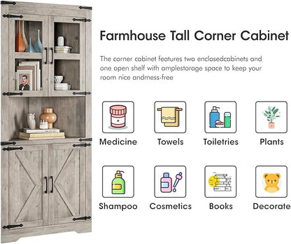 GarveeHome Tall Corner Cabinet, Farmhouse Corner Storage Cabinet with Glass Door & Adjustable Shelves, Space Saving Storage for Living Room, Kitchen, Bathroom, Washed Grey