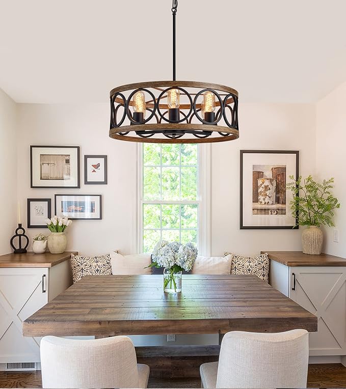 MEIXISUE Modern Farmhouse Drum Chandelier Black and Retro Wood Finish 6-Lights Round Metal Antique Vintage Chandelier Light Fixtures for Kitchen Dining Room Living Room Bedroom