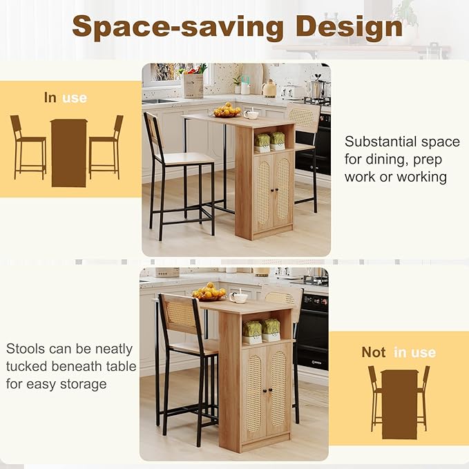 COSTWAY 3-Pcs Kitchen Table & Chairs Set, High Top Bar Table with 2 Stools, Storage, Adjustable Shelf, Metal Frame, Counter Height Dining Room Set for 2, Boho Rattan Table Set for Living Room, Study