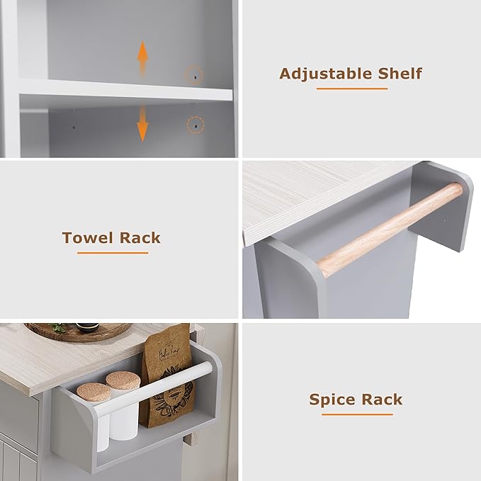 51.06" Mobile Kitchen Drop Leaf and Multipurpose Tilt-out Trash Can,Storage Cabinet w/Spice, Towel Rack & Drawer & Adjustable Shelf,Rolling Islands on Wheels,Grey, 50.25"