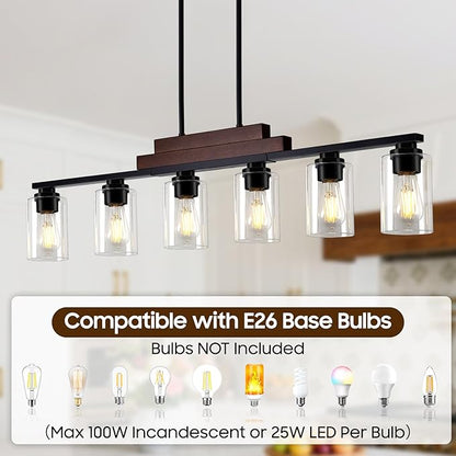 Farmhouse Dining Room Light Fixture Over Table, 6-Light Linear Chandeliers for Dining Room Hanging, Black Pendant Lights Kitchen Island Lighting, Wood Ceiling Light Fixture with Clear Glass Shade