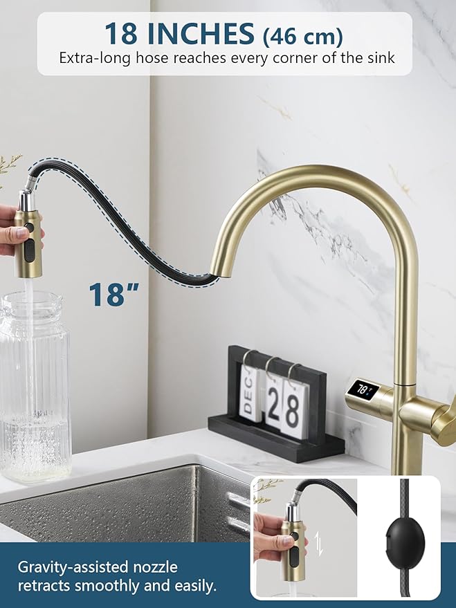 Lefton Touchless Pull-Out Kitchen Faucet, Hands Free Motion Sensor Activated, Battery-Free Temperature Display, KF2206 (Contemporary, Brushed Gold)