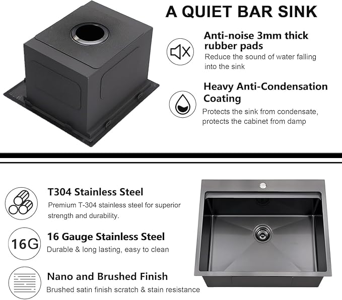 IKEBANA 21x20 inch Black Kitchen Sink, 21 inch Drop in Bar Sink, Stainless Steel 16 Gauge Small Topmount Workstation Sinks, Single Bowl Kitchen Sinks for Prep Rv Laundry Wet Bar With Accessories