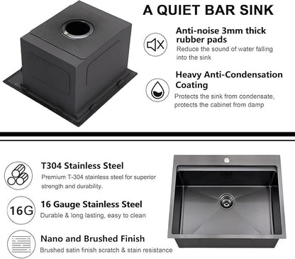 IKEBANA 21x20 inch Black Kitchen Sink, 21 inch Drop in Bar Sink, Stainless Steel 16 Gauge Small Topmount Workstation Sinks, Single Bowl Kitchen Sinks for Prep Rv Laundry Wet Bar With Accessories