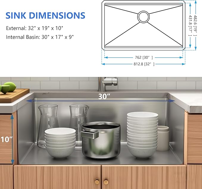 32 Inch Undermount Kitchen Sink,16 Gauge 304 Stainless Steel Kitchen Sink Single Bowl, 32"x19"x10" Undermount Sink Ledge Workstation Sinks With All Accessories, Large and Deep Sink