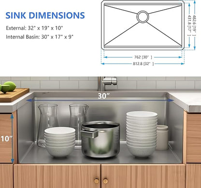 32 Inch Undermount Kitchen Sink,16 Gauge 304 Stainless Steel Kitchen Sink Single Bowl, 32"x19"x10" Undermount Sink Ledge Workstation Sinks With All Accessories, Large and Deep Sink