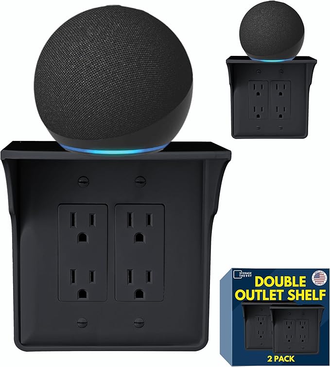 Storage Theory Power Perch Double Wall Outlet Shelf - Declutter & Reclaim Bathroom Counter Space - Alexa Stand, Apple Homepod Shelf, Toothbrush Holders Wall Mounted - Black, 2-Pack