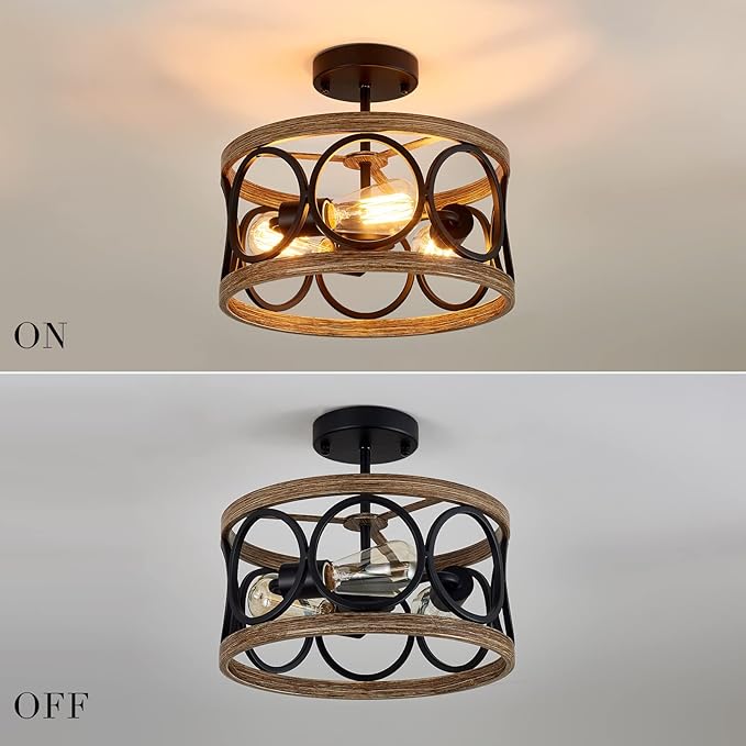 MEIXISUE Semi Flush Mount Modern Farmhouse Ceiling Light Fixtures,3-Lights Black and Retro Wood Finish,Drum Shade Rustic Light Fixtures for Entryway Hallway Foyer Kitchen Dining Room Bedroom