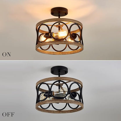 MEIXISUE Semi Flush Mount Modern Farmhouse Ceiling Light Fixtures,3-Lights Black and Retro Wood Finish,Drum Shade Rustic Light Fixtures for Entryway Hallway Foyer Kitchen Dining Room Bedroom