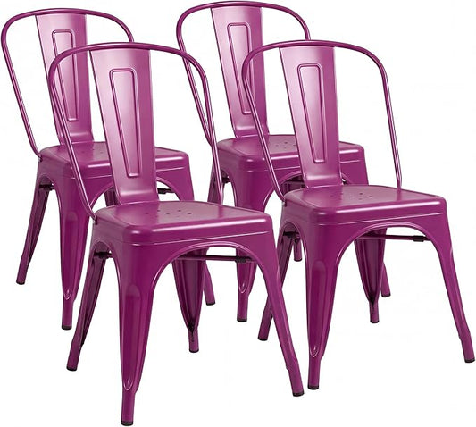 Shahoo Metal Dining Chairs Classic Iron Stackable Industrial Vintage Trattoria with Back, Indoor-Outdoor Side Settee for Home Bistro Cafe Kitchen Restaurant Set of 4, Purple