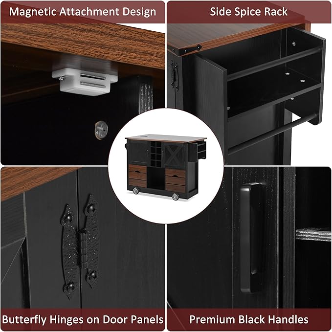 54" Farmhouse Kitchen Island Table with Drop Leaf, Power Outlet, Kitchen Storage Cart with 2 Doors, 2 Drawers, Rolling Kitchen Island on 4 Large Wheels with Spice Rack for Kitchen, Dining Room, Black