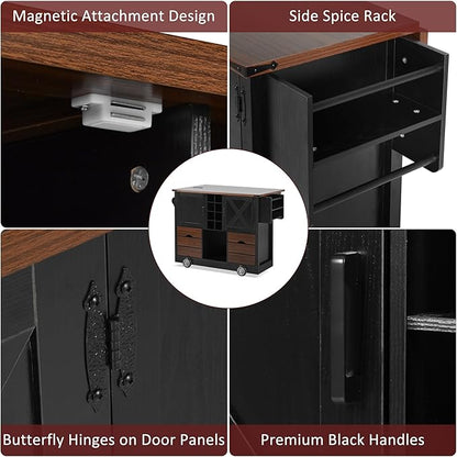54" Farmhouse Kitchen Island Table with Drop Leaf, Power Outlet, Kitchen Storage Cart with 2 Doors, 2 Drawers, Rolling Kitchen Island on 4 Large Wheels with Spice Rack for Kitchen, Dining Room, Black
