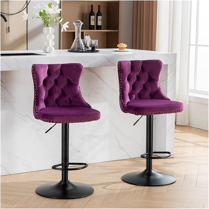 Swivel Velvet Barstools Adjusatble Seat Height from 25-33 Inch,17.7 inch Base, Modern Upholstered Bar Stools with Backs Tufted for Home Pub and Kitchen Island,Purple,Set of 2