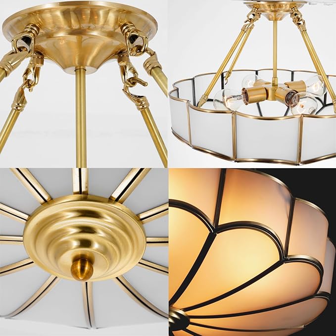 18" Tiffany Pendant Light Fixture, 4-Light Semi Flush Mount Ceiling Light, Vintage Handmade Glass Ceiling Light Fixture for Foyer Entryway Stairway