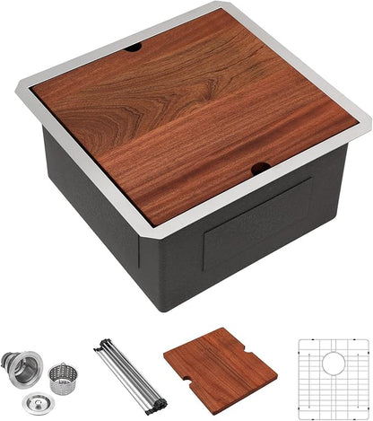 Lordear 15x17 Inch Undermount Kitchen Sink Bar Prep Sink 16 Gauge Stainless Steel Workstation Sink 15” With Cutting Board