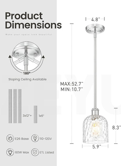 zeyu Industrial Pendant Light,1-Light Hanging Light Fixture Kitchen, Brushed Nickel Hanging Light with Clear Hammered Glass, ZJF63MIL-L BN