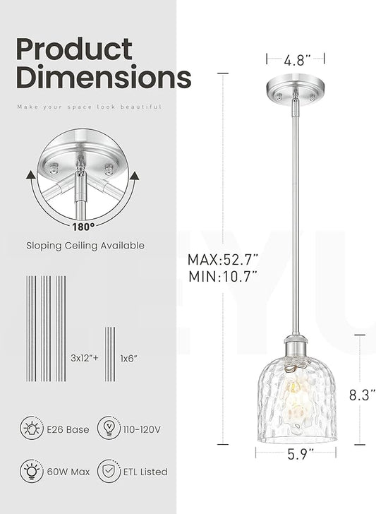 zeyu Adjustable Hanging Lights for Kitchen, Large Pendant Lights Kitchen Island, Modern Hanging Pendant Lights 2 Pack with Clear Hammered Glass, Brushed Nickel Finish, ZJF63MIL-L-2PK BN