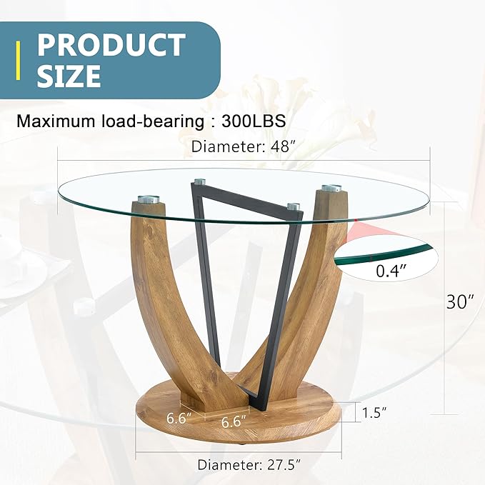 JUFU Round Dining Table for 4/6, 48 Inch Dining Room Table, Wood Small Kitchen Table with Stable Pedestal, Modern Glass Dining Table for Kitchen,Living Room,Apartment,Restaurant
