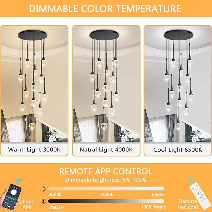 12 Light High Ceiling Crystal Chandelier Dimmable LED Pendant Lights with Remote Adjustable Chandeliers for Foyer Staircase Living Room Black