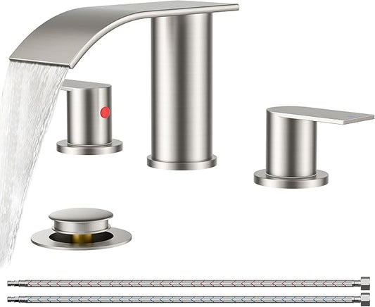 FORIOUS Upgrade Bathroom Faucets 3 Hole Brushed Nickel, Waterfall 8 Inch Widespread Bathroom Sink Faucet with Pop-up Drain and Supply Lines, Two Handles for Vanity, Farmhouse, School Restroom Sink