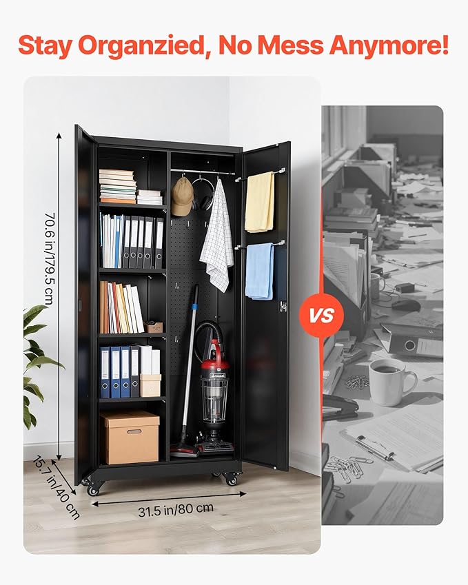VEVOR Metal Storage Cabinet, 70.6 in Rolling Steel Garage Cabinet with Adjustable Shelves, 2 Magnetic Doors, Hanging Rod & 3 Rod Hooks, 5 Tiers Lockable Tool Storage for Pantry, Warehouse, Basement