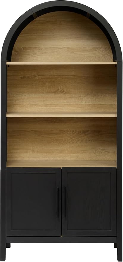 Ball & Cast 67" Tall Arched Storage Cabinet, Modern 3-Tier Wooden Kitchen Pantry Cabinet with Doors & Open Shelves,Versatile Bookcase Display Cabinet for Living Room,Office,Dining Room,Black