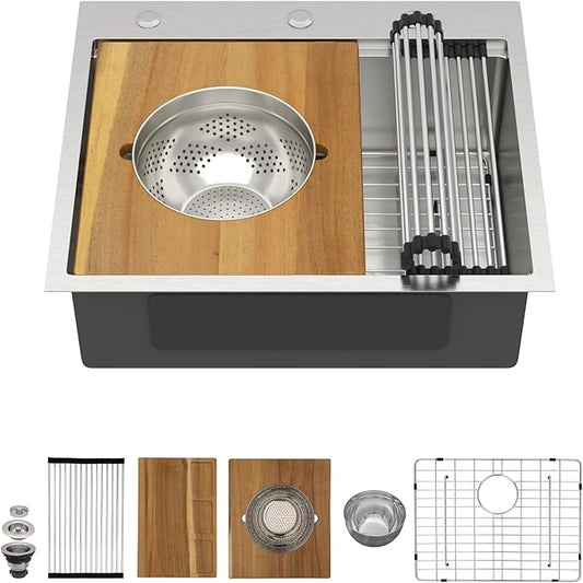 25 Inch Drop In Stainless Steel Kitchen Sink, 16 Gauge Single Bowl Workstation 3-Hole Sink with Mixing Bowl, Pasta Strainer #TLT-0047