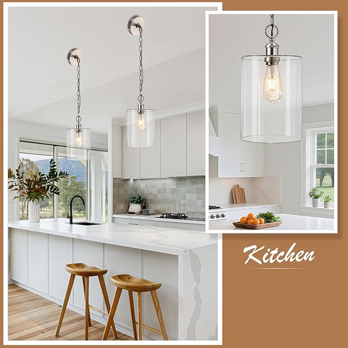 Modern Pendant Light, 7.7" Clear Glass Cylinder Hanging Fixture with Brushed Nickel Finish, Adjustable Chain Chandelier for Kitchen Island Dining Room Hallway Entryway, E26 Base