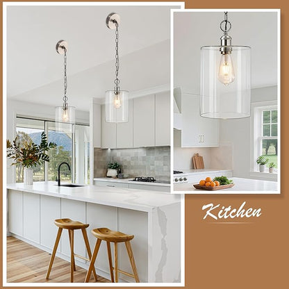 Modern Pendant Light, 7.7" Clear Glass Cylinder Hanging Fixture with Brushed Nickel Finish, Adjustable Chain Chandelier for Kitchen Island Dining Room Hallway Entryway, E26 Base