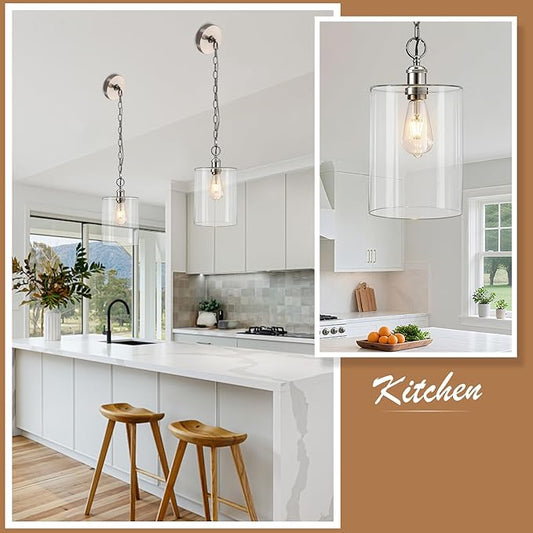 Modern Pendant Light, 7.7" Clear Glass Cylinder Hanging Fixture with Brushed Nickel Finish, Adjustable Chain Chandelier for Kitchen Island Dining Room Hallway Entryway, E26 Base