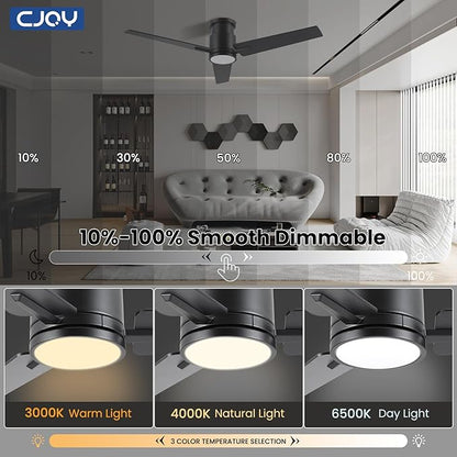 CJOY Ceiling Fan with Lights, 48 Inch Low Profile Ceiling Fans with Light and Remote, Reversible DC, Flush Mount, 3CCT，Dimmable, Modern Indoor/Outdoor Design for Bedroom, Living Room, Patio, Kitchen