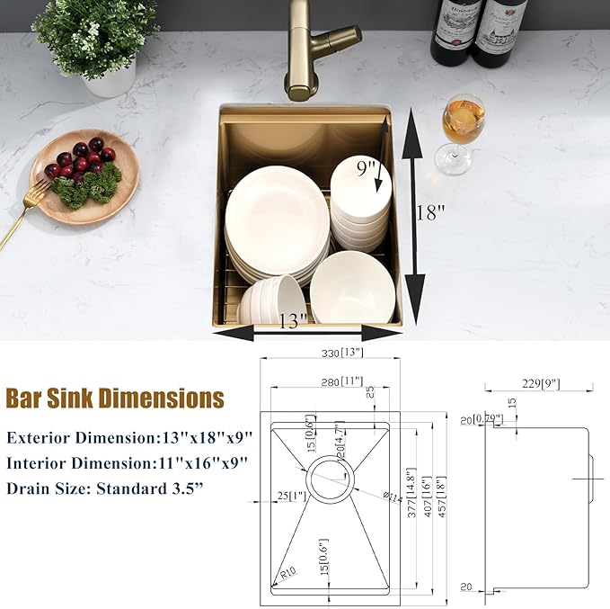 13 Inch Undermount Gold Bar Sink Workstation,13x18 Bar Sink Undermount Gold Stainless Steel Small Kitchen Sinks 18 Gauge Single Bowl Kitchen Wet Bar Sinks with Accessories