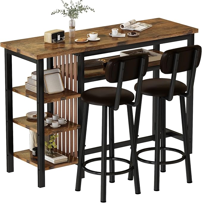 DKLGG Bar Table and Chairs Set for 2, 3-Piece Counter Height Dining Table with Stools, Hightop Kitchen Island Table with Storage Shelves for Kitchen, Bar, Pub, Bistro