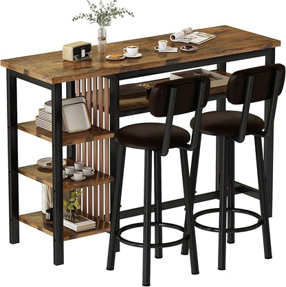 DKLGG Bar Table and Chairs Set for 2, 3-Piece Counter Height Dining Table with Stools, Hightop Kitchen Island Table with Storage Shelves for Kitchen, Bar, Pub, Bistro